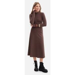 Rochie midi - B299 Maro cu dungi - top mulat - evazat la baza - maneci lungi cu orificii pentru degete - top cu guler inalt - fara inchizatoare imagine