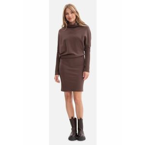 Rochie mini - B309 maro tricot - fara inchizatoare - top lejer - baza mulata - talie inalta - maneci lungi - cu guler - Maro imagine