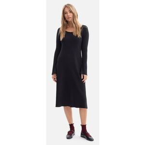 Rochie midi - B308 neagra tricot cu dungi - casual - decolteu rotund - necaptusita - fara buzunare - maneci lungi - usor evazata in partea de jos - fara inchizatoare - Negru imagine