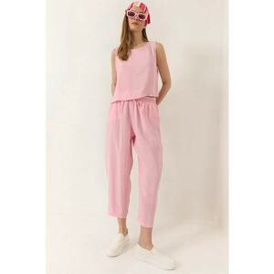 Compleu dama - tunica cu maneca lunga - pantaloni largi - roz - textil imagine