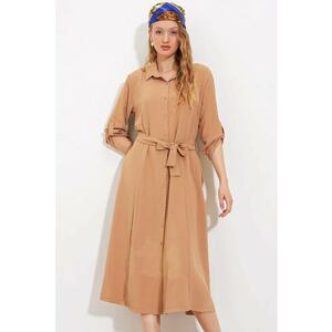 Rochie midi dama HiCCUP - poliester/lycra - cu guler camasa si cordon - maro imagine