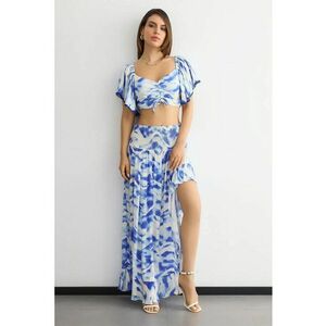 Set compleu - talie inalta - maneci scurte asimetrice - albastru - poliester imagine