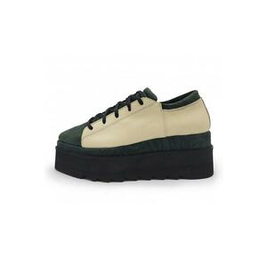Pantofi casual wedge de piele si piele intoarsa - Verde inchis/Bej deschis imagine