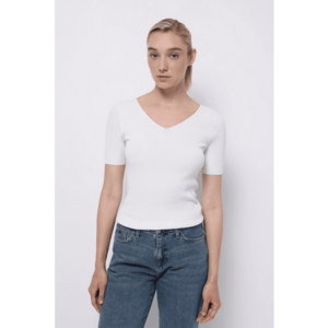 Tricou cu decolteu in V si aspect striat - Alb imagine