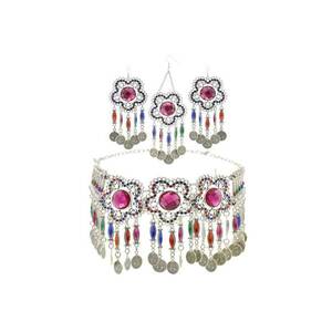 Set colier choker - cercei si accesoriu frunte - argintiu - stil indian - cu banuti si pietre - Olina C13 imagine