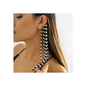 Cercel ear cuff - argintiu - cu frnajuri lungi si margelute - Hariet C5 - imagine