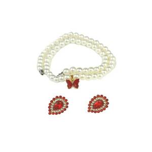 Set colier si cercei - auriu - cu fluture - pietre rosii si perle - Omaya C3 imagine