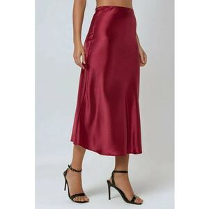 Fusta midi dama - talie inalta - satin - rosu imagine