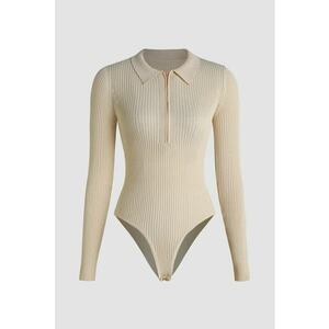 Body cu fermoar - guler polo - bej - poliester imagine