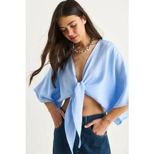 Bluza dama HiCCUP LUCCI - maneca trei sferturi - decolteu in V - albastru - bumbac imagine