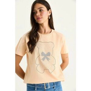 Tricou dama guler rotund - imprimeu brodat - portocaliu - bumbac imagine