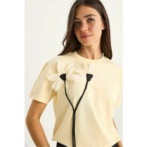 Tricou dama - tricou cu maneca scurta - imprimeu floral - galben bumbac imagine