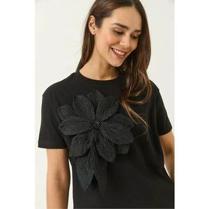 Tricou dama guler rotund - imprimeu floral - negru - bumbac imagine
