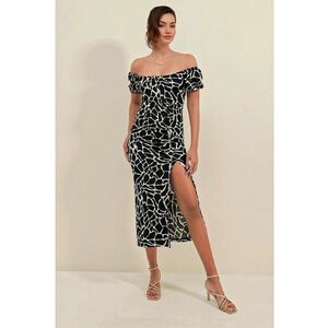 Rochie midi tricotata dama HiCCUP - decolteu patrat - poliester/lycra - negru/alb imagine
