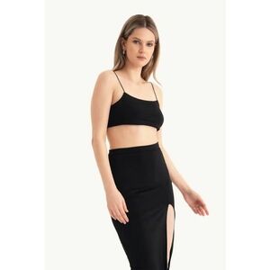 Compleu dama - top scurt - fusta maxi - negru - jerseu imagine