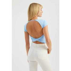 Top scurt dama - guler rotund - spate incrucisat - albastru - textil imagine