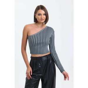 Pulover dama - bluza scurta - dungi gri ardezie - un umar - jerseu imagine