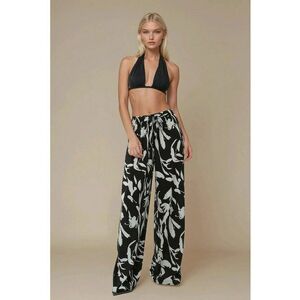 Pantaloni dama - cu imprimeu - talie elastica - negru - bumbac imagine