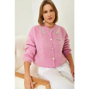 Cardigan - cu guler rotund - maneca lunga - roz aprins - acril - imagine