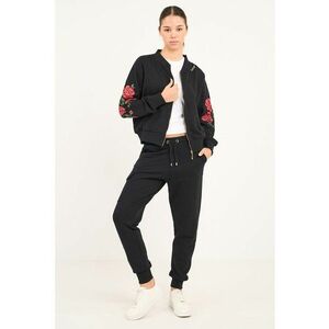 Bluza de trening cu fermoar si broderii florale - Verde/Negru/Coral imagine