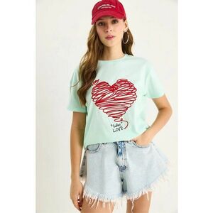 Tricou dama guler rotund - brodat - verde menta - bumbac imagine