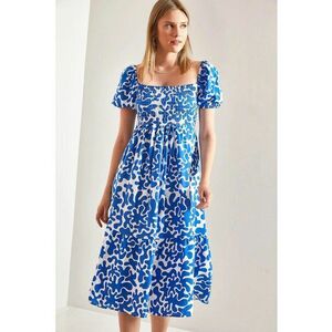 Rochie midi - HiCCUP - guler patrat - smocked - albastru - textil - Albastru imagine