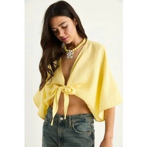 Bluza dama HiCCUP LUCCI - maneca trei sferturi - decolteu in V - galben - bumbac imagine