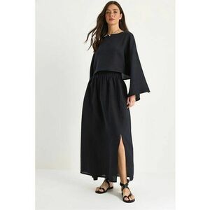 Set doua piese - tunica lunga texturata cu guler rotund si pantaloni lati - negru - poliester - imagine