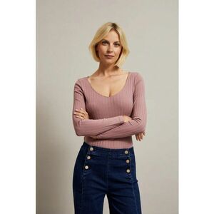 Bluza ribbed cu decolteu in V - Roz imagine