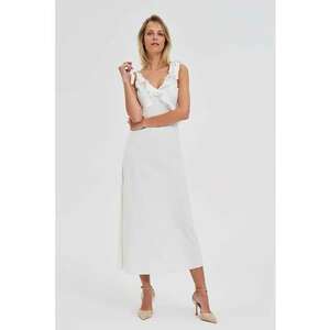 Rochie alba midi cu volanas la decolteu - Alb imagine