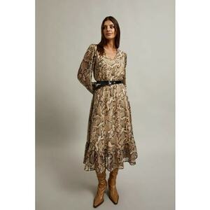 Rochie cu maneci bufante si imprimeu animalier bej - Gri imagine