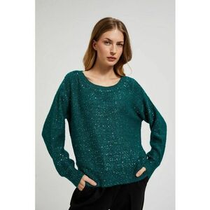 Pulover verde cu strasuri si decolteu rotund - Verde inchis imagine