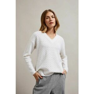 Pulover cu model perforat si fir metalic alb - Alb imagine