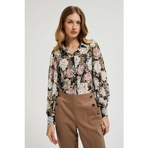 Camasa plisata cu model floral si maneci bufante - neagra - Negru imagine