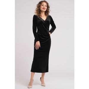 Rochie midi cu aspect de catifea si decolteu cache-coeur - Negru imagine