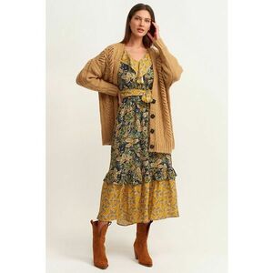 Rochie cu volane si imprimeu paisley - Albastru ultramarin/Galben mustar imagine