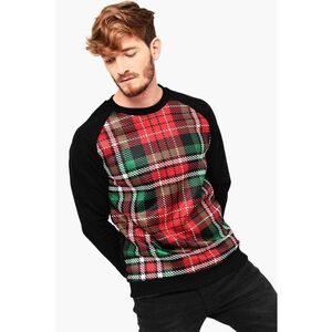 Pulover cu decolteu la baza gatului - model in carouri si tematica de Craciun - Rosu/Verde/Negru imagine