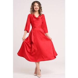Rochie din satin cu decolteu drapat - Rosu imagine