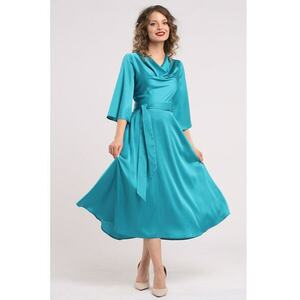 Rochie din satin cu decolteu drapat - Turcoaz imagine