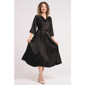 Rochie din satin cu decolteu drapat - Negru imagine