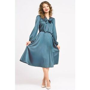 Rochie din satin cu funda din panglici - Verde persan imagine