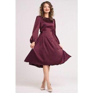 Rochie midi din matase cu croiala evazata - Visiniu imagine