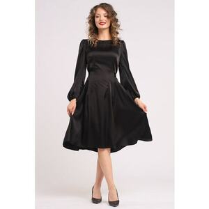 Rochie midi din matase cu croiala evazata - Negru imagine