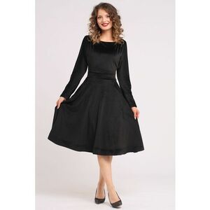 Rochie midi cu aspect de catifea - croiala evazata si buzunare laterale - Negru imagine