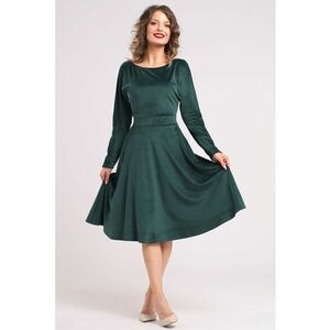Rochie midi cu aspect de catifea - croiala evazata si buzunare laterale - Verde inchis imagine