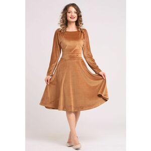 Rochie midi cu aspect de catifea - croiala evazata si buzunare laterale - Bej imagine