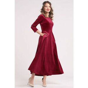 Rochie cu aspect de catifea si buzunare laterale - Visiniu imagine
