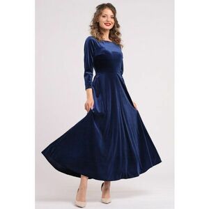 Rochie cu aspect de catifea si buzunare laterale - Albastru inchis imagine