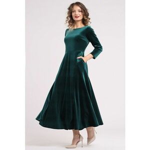 Rochie cu aspect de catifea si buzunare laterale - Verde imagine