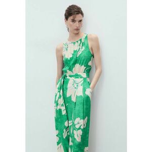 Salopeta cu cordon in talie si model floral - fara maneci - Verde deschis/Alb murdar imagine
